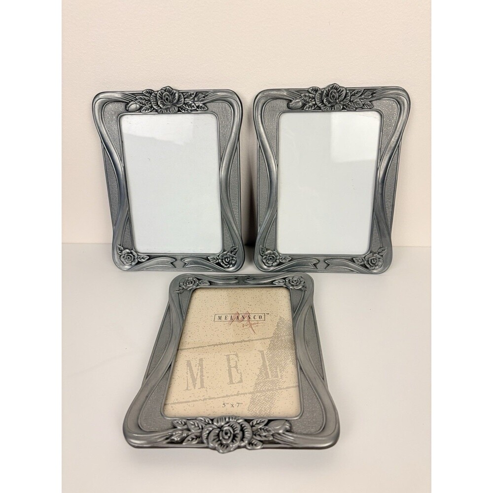 Melannco Set of 3 Vintage 5x7 Photo Frame Pewter Tone Silver Metal Ornate Floral